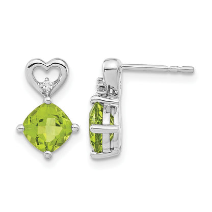 14k White Gold 6mm Cushion August/Peridot and Diamond Heart Post Earrings