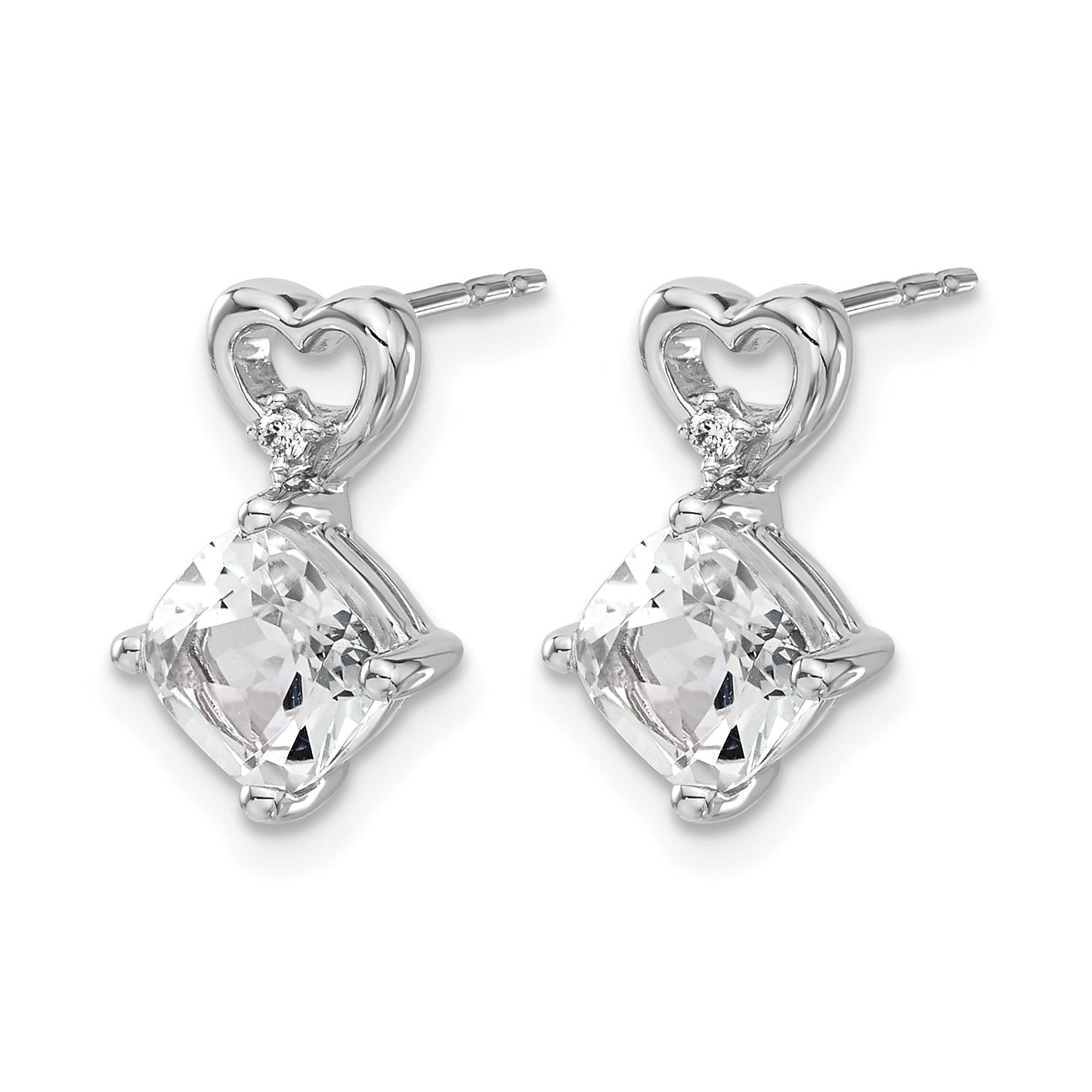 14k White Gold 6mm Cushion April/White Topaz and Diamond Heart Post Earrings