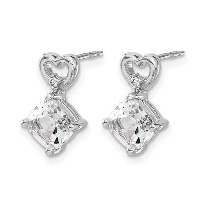 14k White Gold 6mm Cushion April/White Topaz and Diamond Heart Post Earrings
