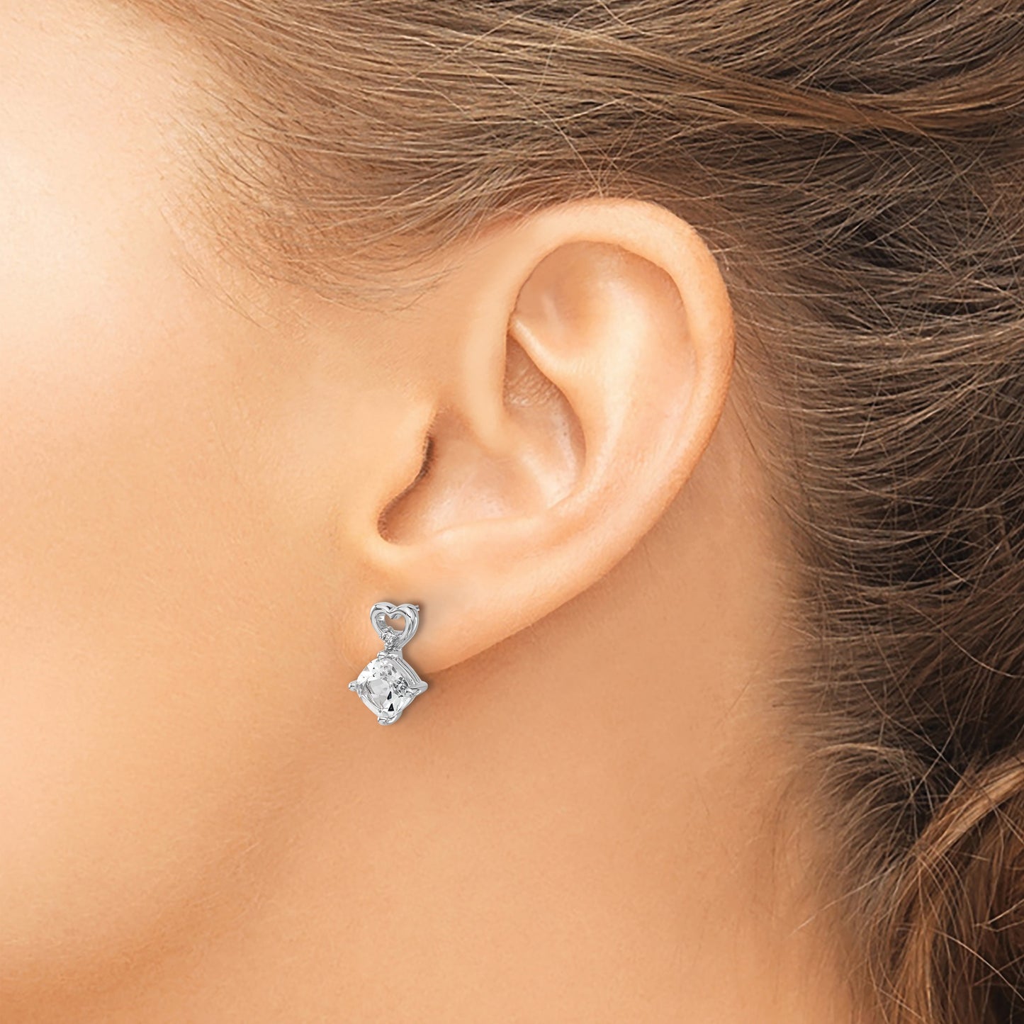 14k White Gold 6mm Cushion April/White Topaz and Diamond Heart Post Earrings