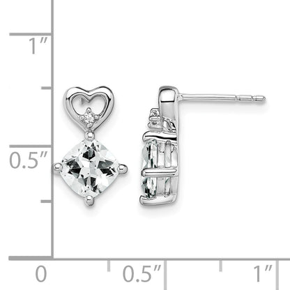 14k White Gold 6mm Cushion April/White Topaz and Diamond Heart Post Earrings