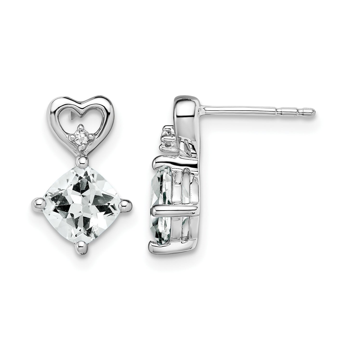 14k White Gold 6mm Cushion April/White Topaz and Diamond Heart Post Earrings