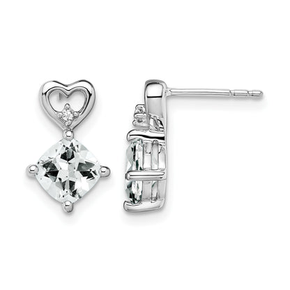 14k White Gold 6mm Cushion April/White Topaz and Diamond Heart Post Earrings