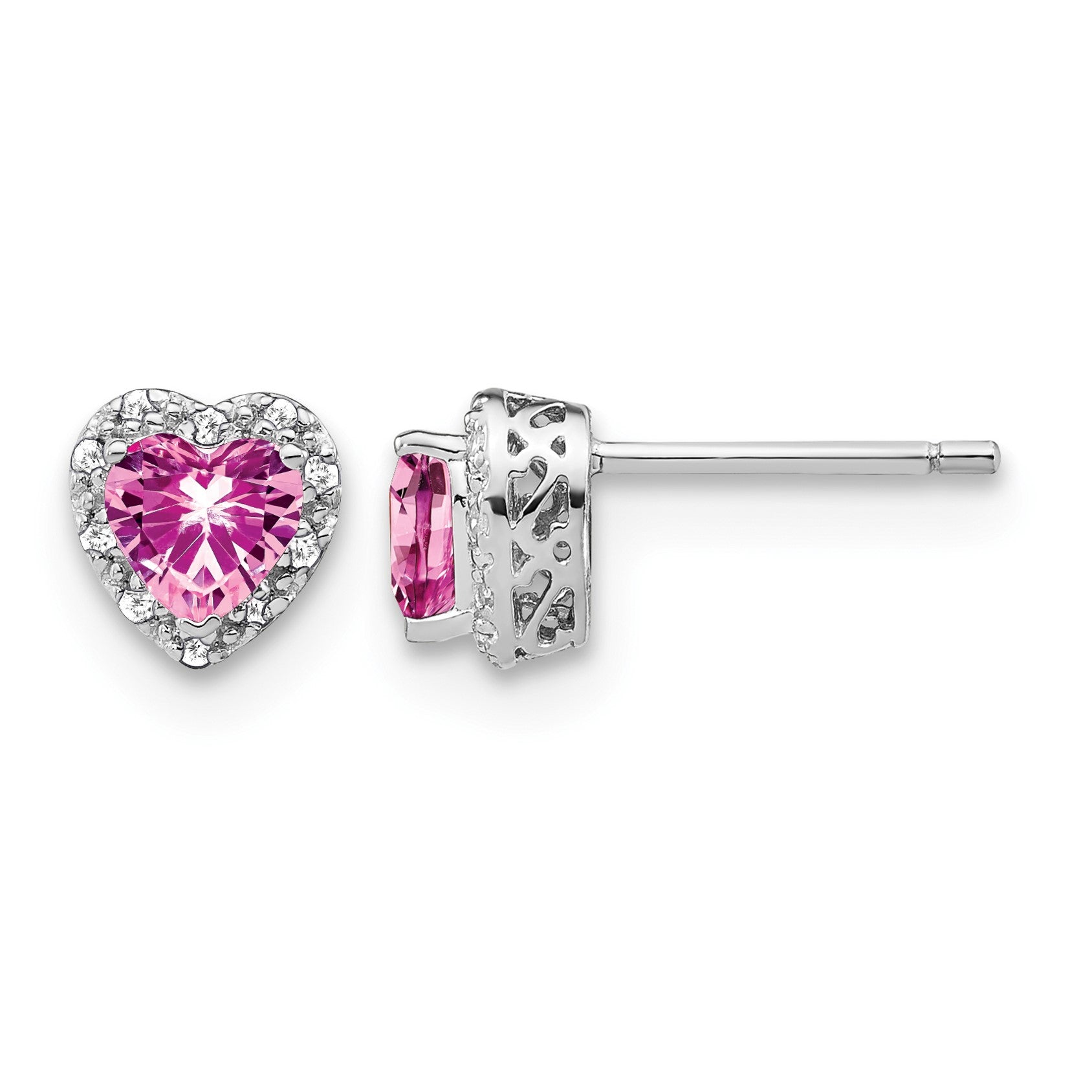 Sterling Silver Rhod-plated Created Pink Sapphire/Diamond Earrings