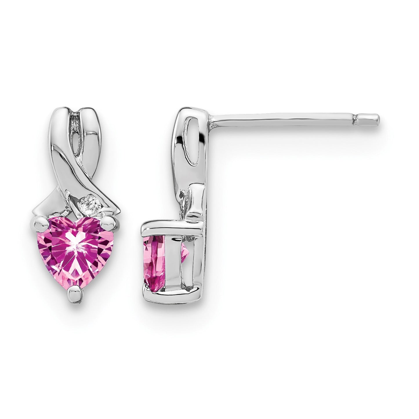 Sterling Silver Rhod-plated Created Pink Sapphire/Diamond Earrings
