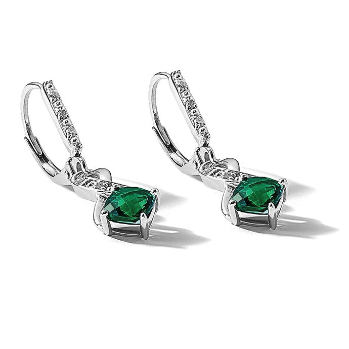 Sterling Silver Rhodium-plated Created Emerald and Diamond Earrings