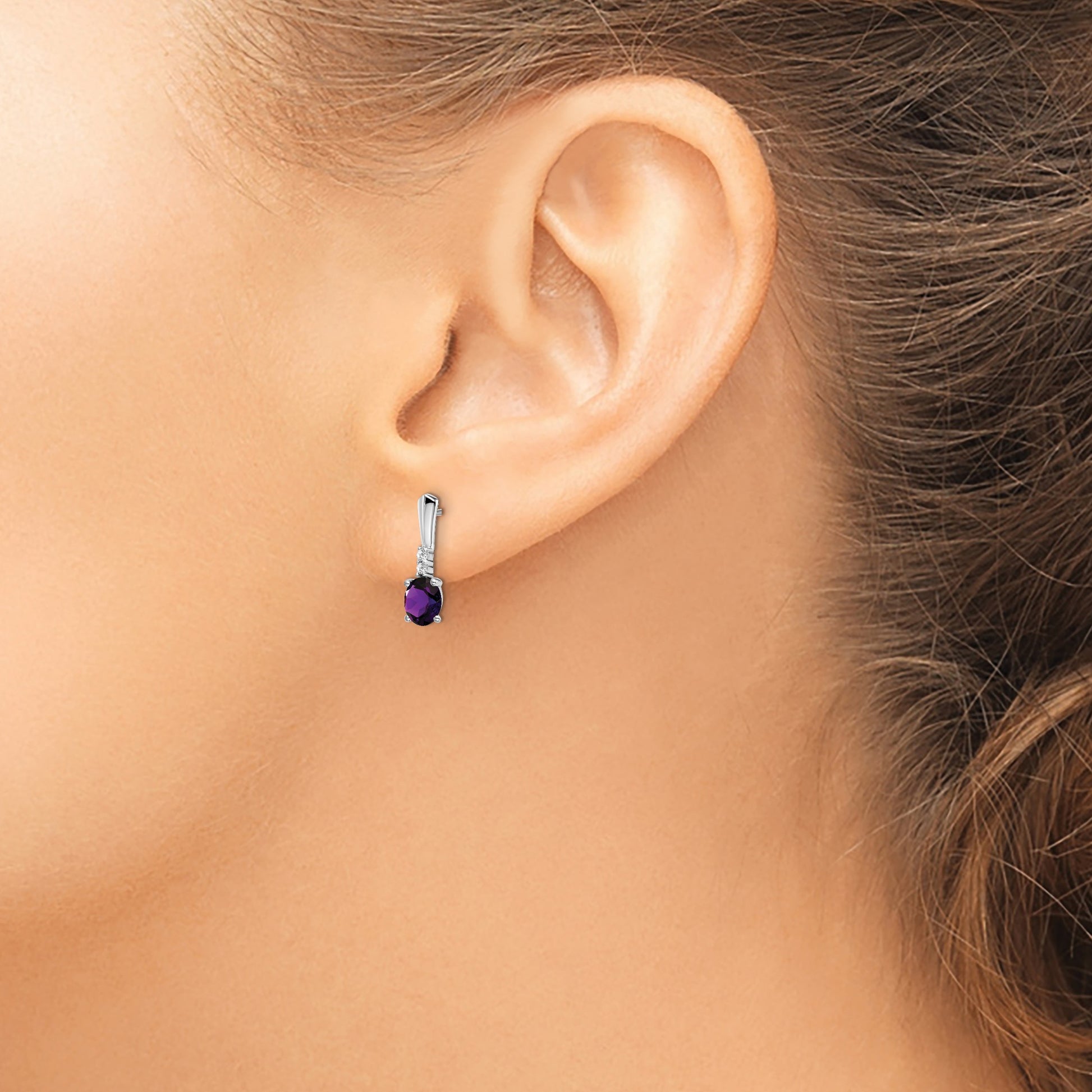 14k White Gold 5x3 Oval February/Amethyst and Diamond Dangle Post Earrings