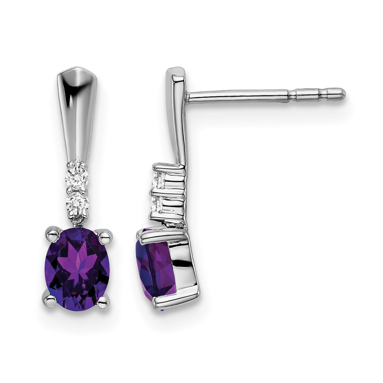 14k White Gold 5x3 Oval February/Amethyst and Diamond Dangle Post Earrings