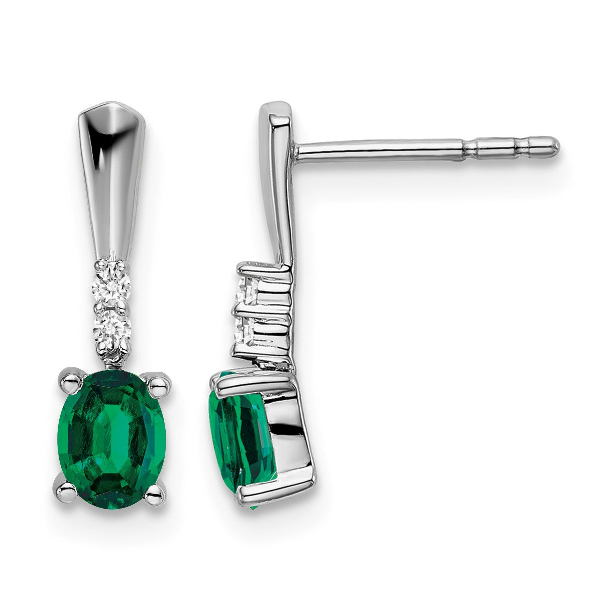 14k White Gold 5x3 Oval May/Lab Created Emerald and Diamond Dangle Post Earrings
