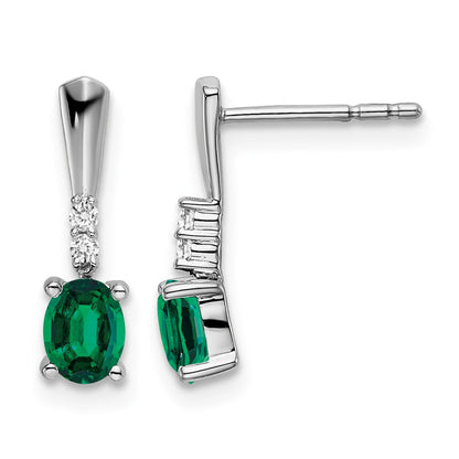14k White Gold 5x3 Oval May/Lab Created Emerald and Diamond Dangle Post Earrings