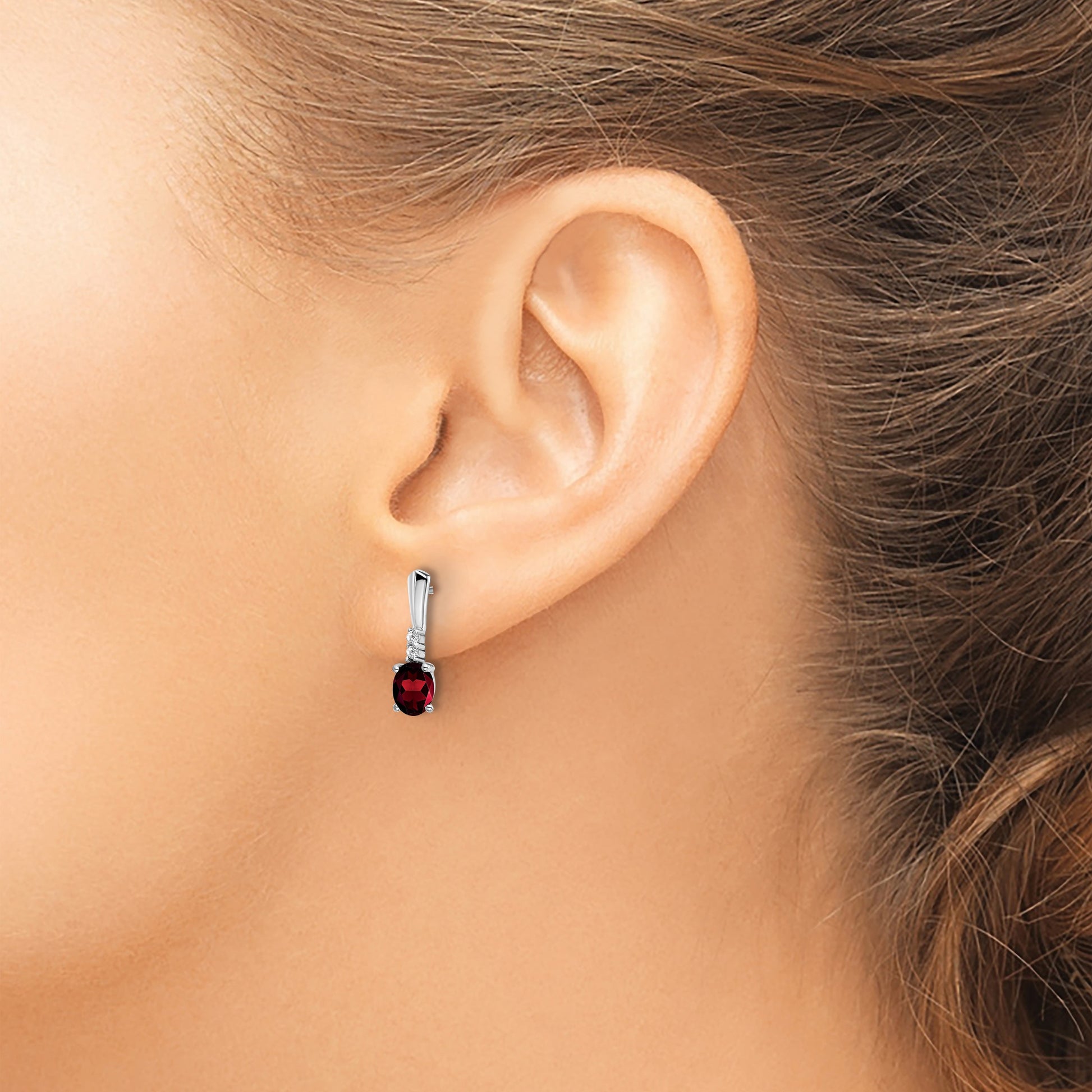 14k White Gold 5x3 Oval January/Garnet and Diamond Dangle Post Earrings