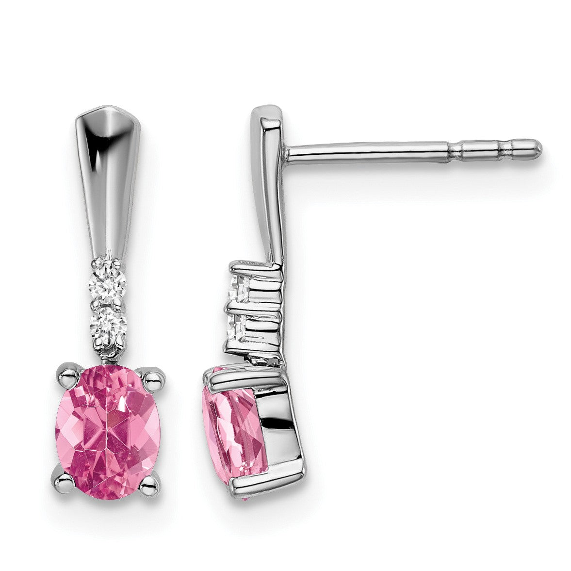 14k White Gold 5x3 Oval October/Pink Tourmaline and Diamond Dangle Post Earrings