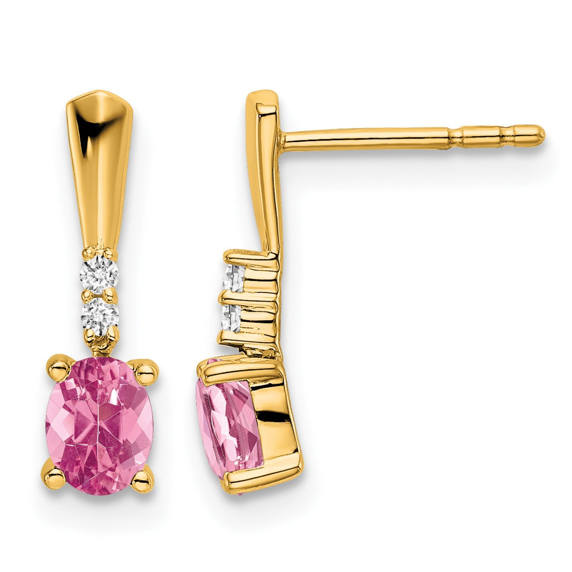 14K 5x3 Oval October/Pink Tourmaline and Diamond Dangle Post Earrings