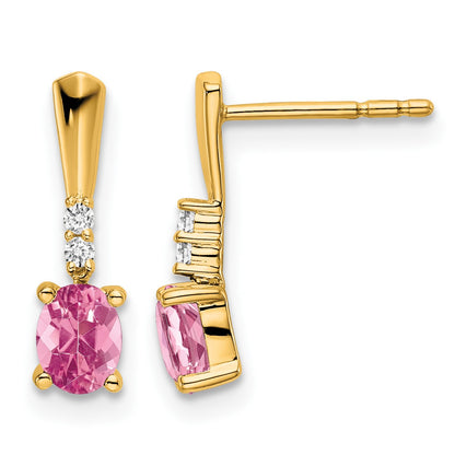 14K 5x3 Oval October/Pink Tourmaline and Diamond Dangle Post Earrings