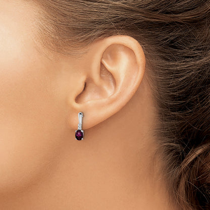 14k White Gold 5x3 Oval June/Rhodolite Garnet and Diamond Dangle Post Earrings
