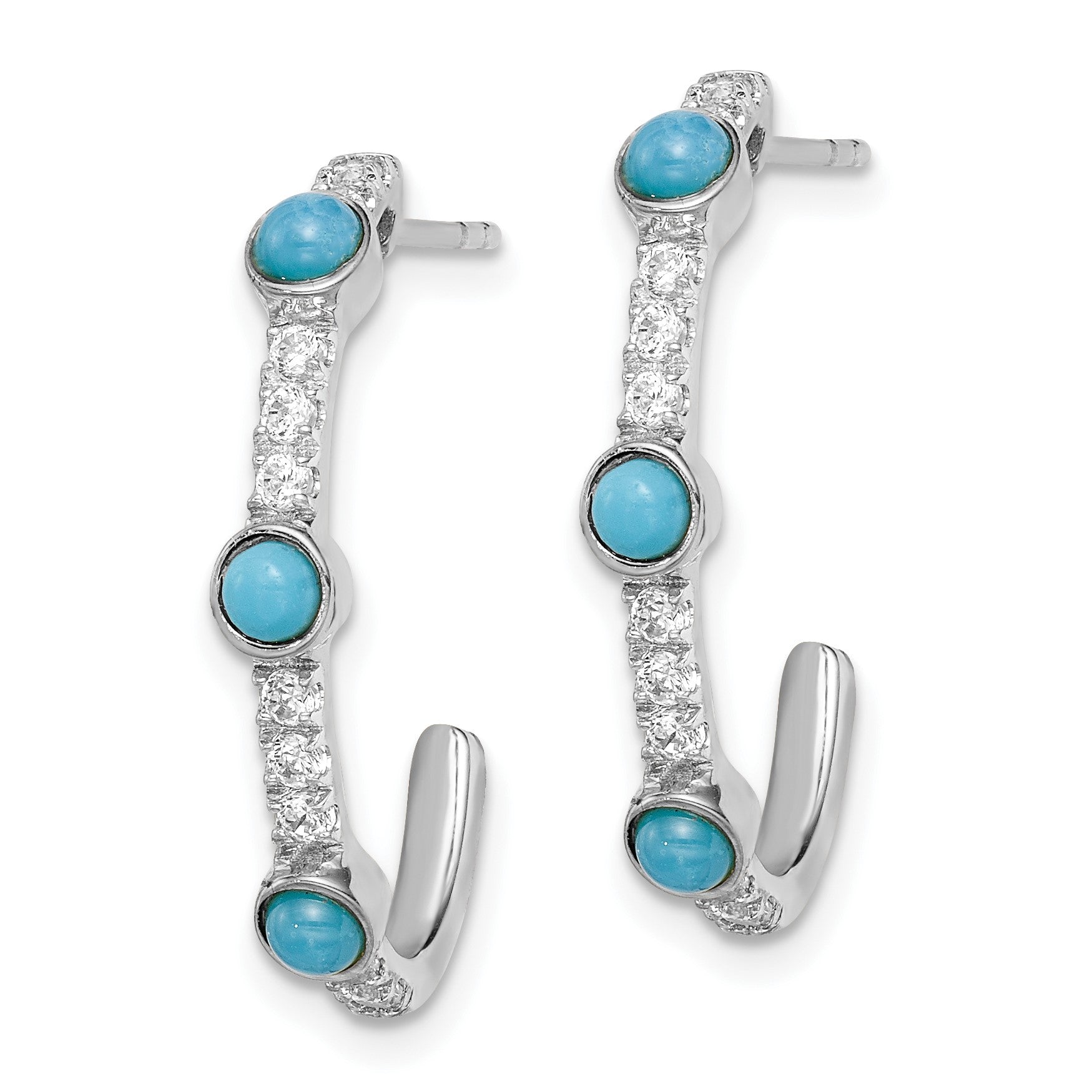 14k White Gold Turquoise and White Topaz J-hoop Post Earrings