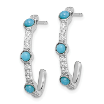 14k White Gold Turquoise and White Topaz J-hoop Post Earrings