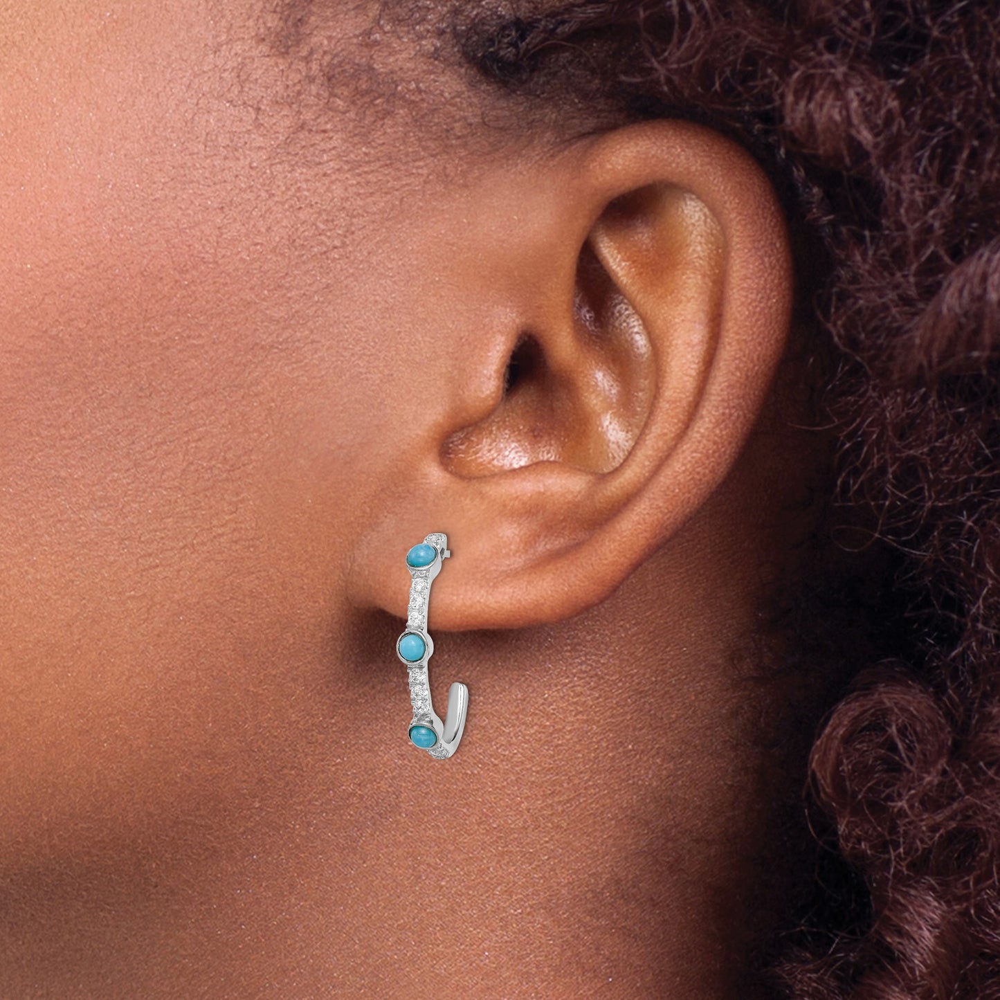 14k White Gold Turquoise and White Topaz J-hoop Post Earrings