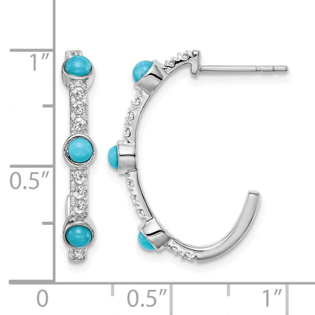 14k White Gold Turquoise and White Topaz J-hoop Post Earrings