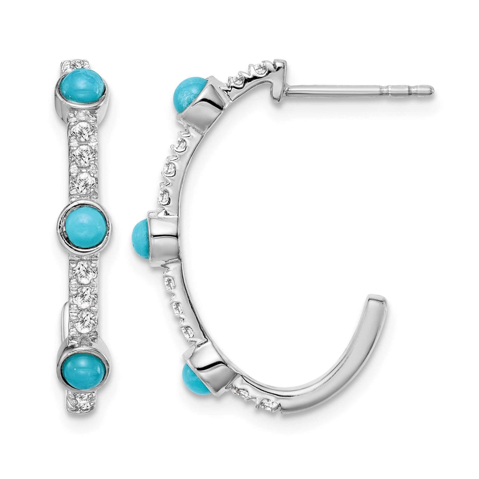 14k White Gold Turquoise and White Topaz J-hoop Post Earrings