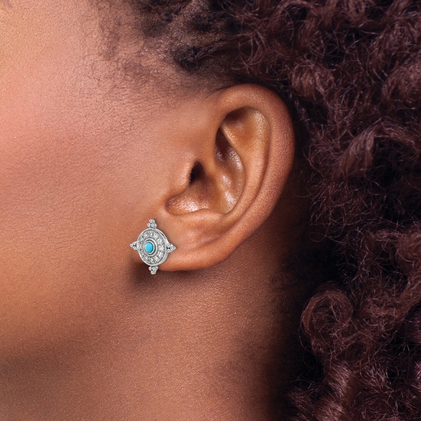 14k White Gold Turquoise and White Topaz Shield Post Earrings