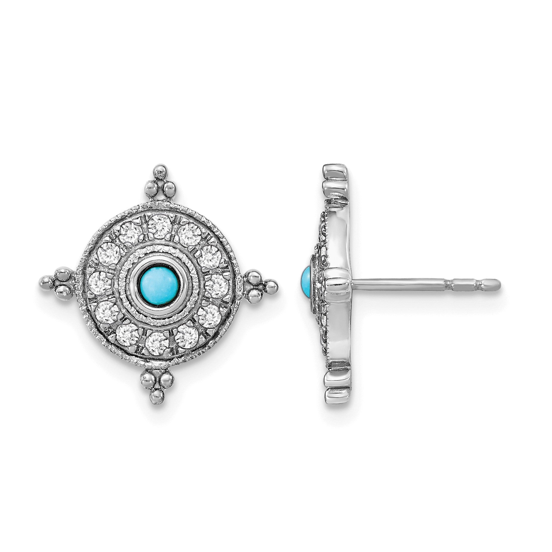 14k White Gold Turquoise and White Topaz Shield Post Earrings