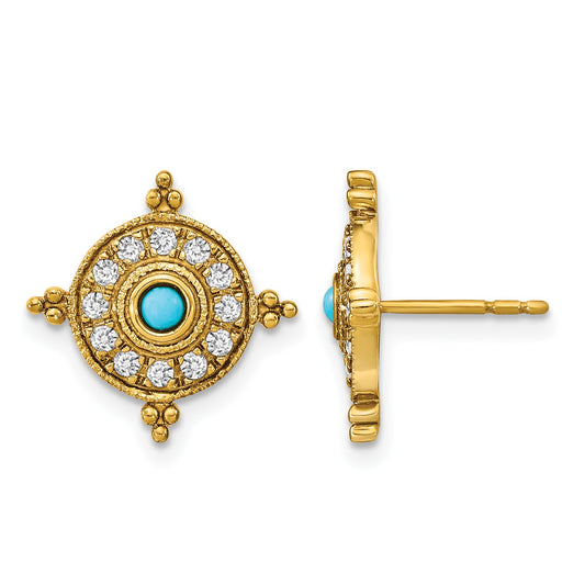 14k Turquoise and White Topaz Shield Post Earrings