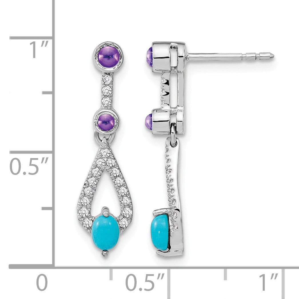 14k White Gold Turquoise/Amethyst/White Topaz Dangle Post Earrings