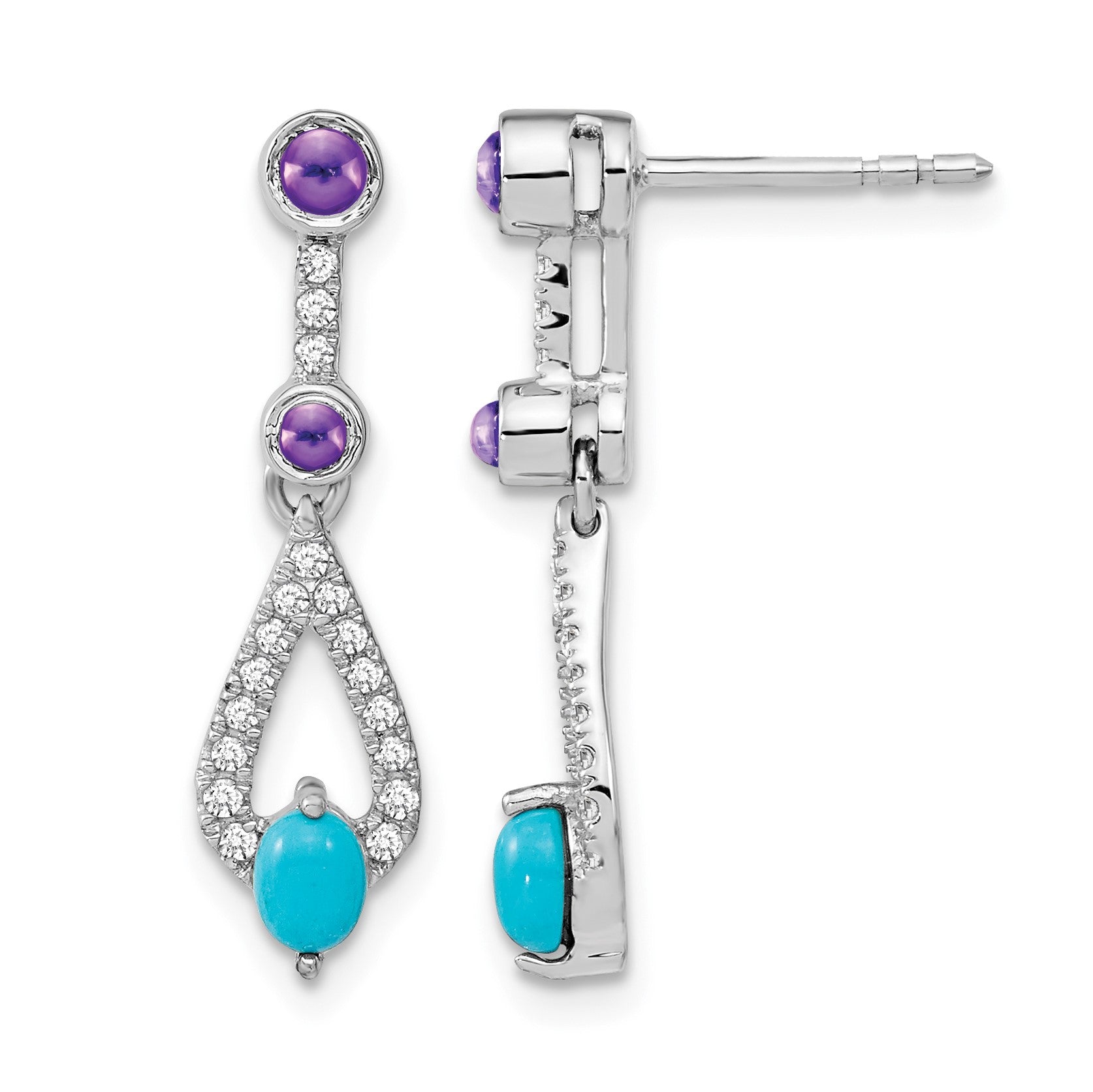14k White Gold Turquoise/Amethyst/White Topaz Dangle Post Earrings
