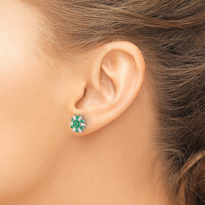 14k White Gold Emeral and Diamond Snowflake Post Earrings
