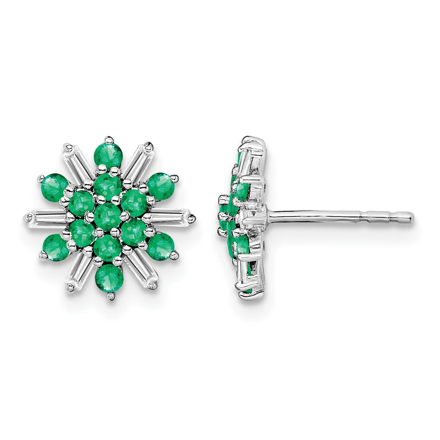 14k White Gold Emeral and Diamond Snowflake Post Earrings