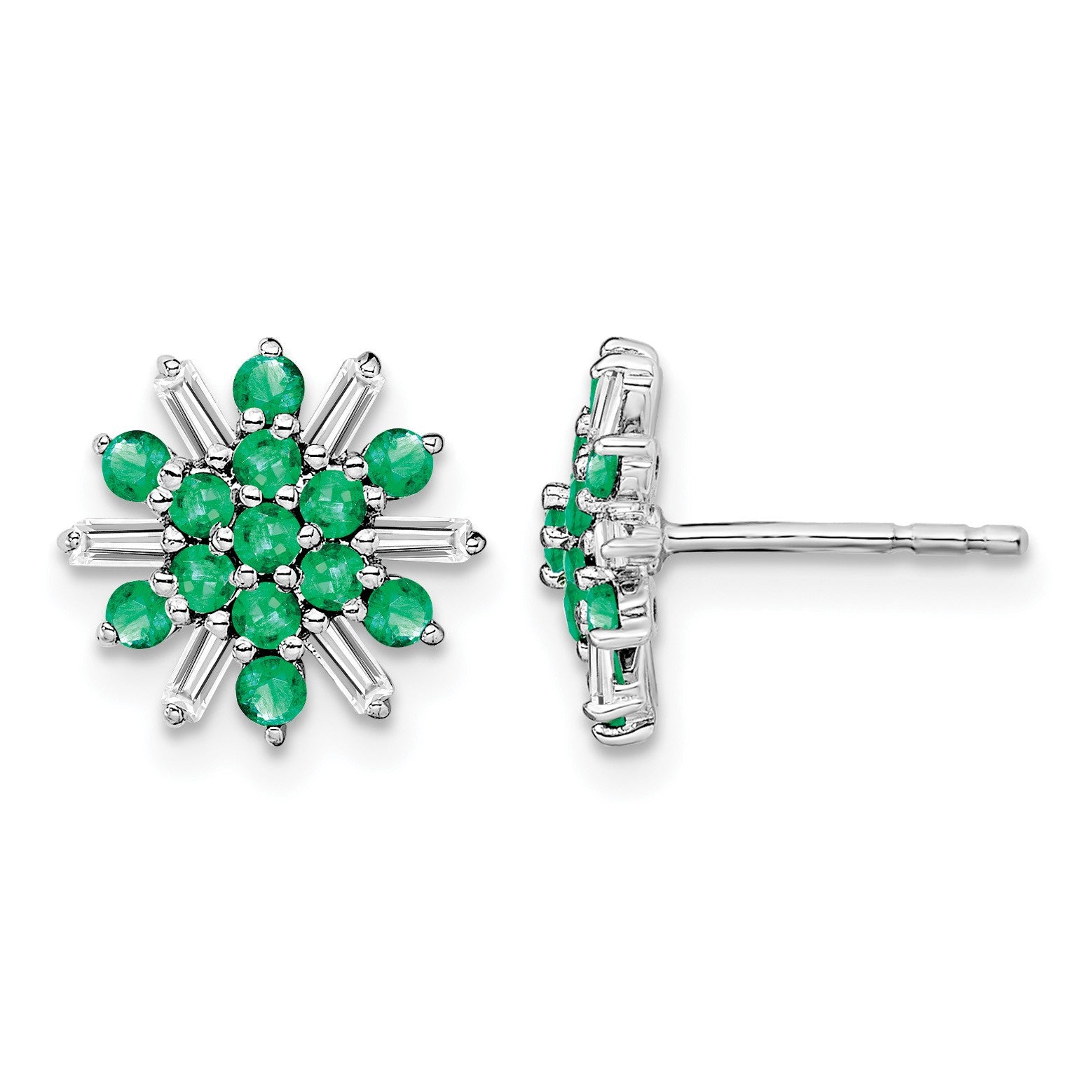 14k White Gold Emeral and Diamond Snowflake Post Earrings