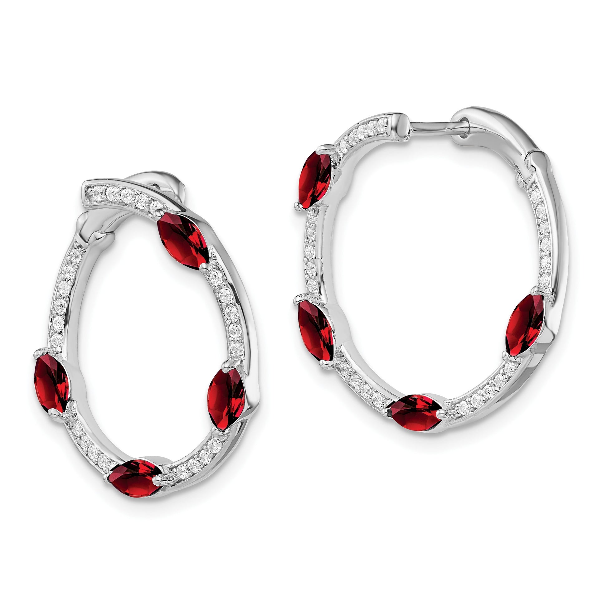 14k White Gold Marquise Garnet and .26 carat Diamond Hoop Earrings