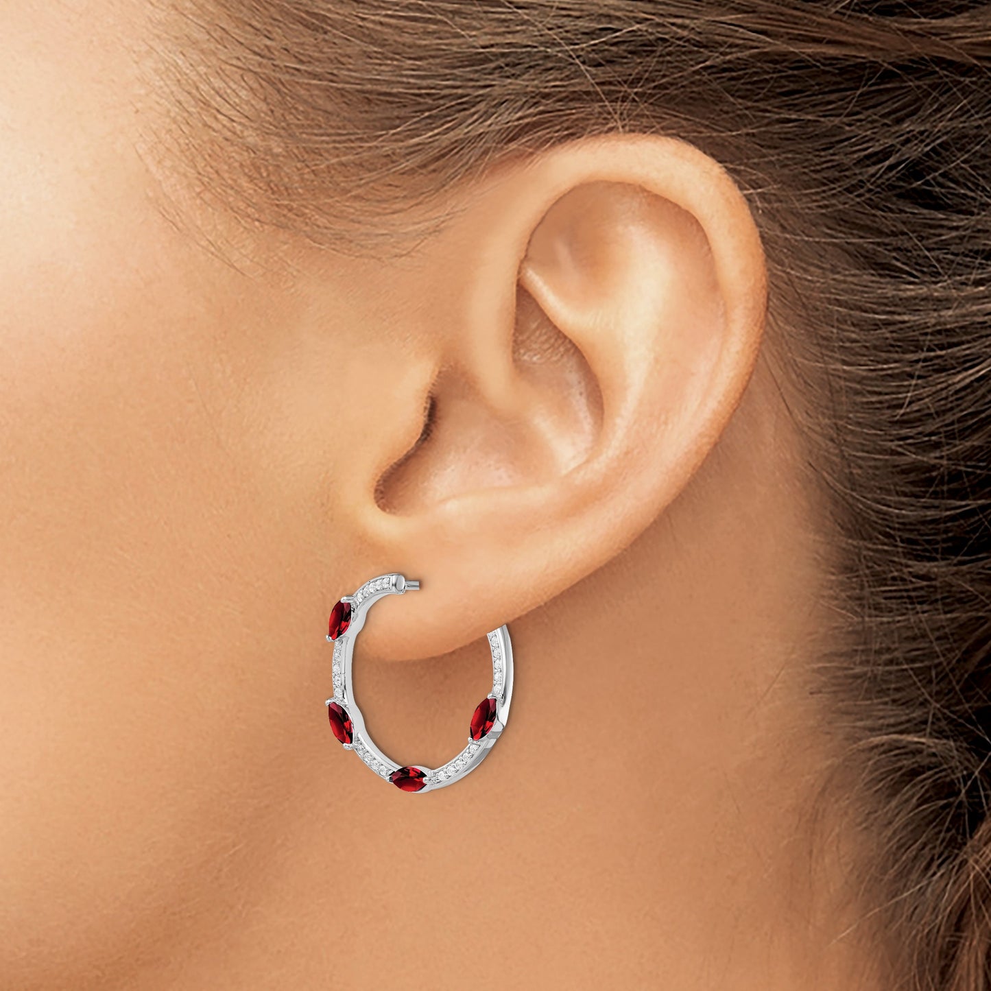 14k White Gold Marquise Garnet and .26 carat Diamond Hoop Earrings