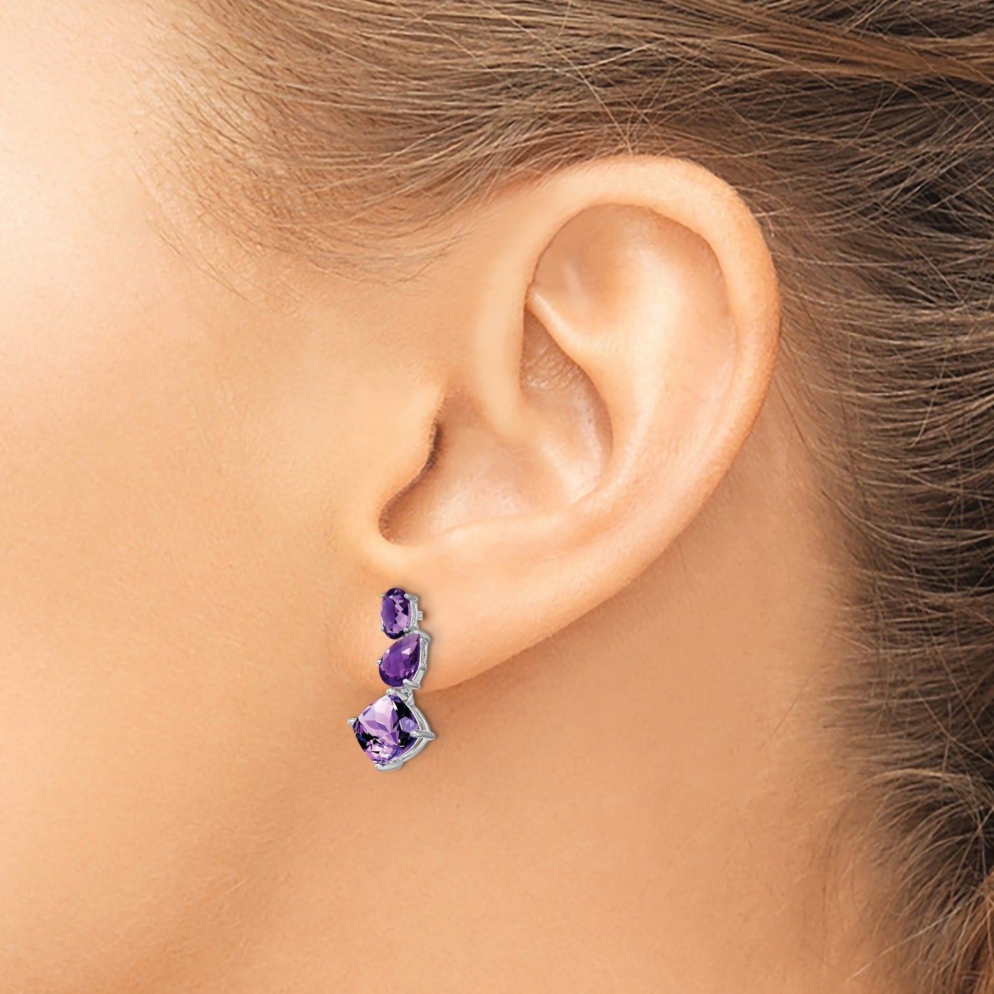14k White Gold Oval/Pear/Cushion Amethyst Dangle Post Earrings