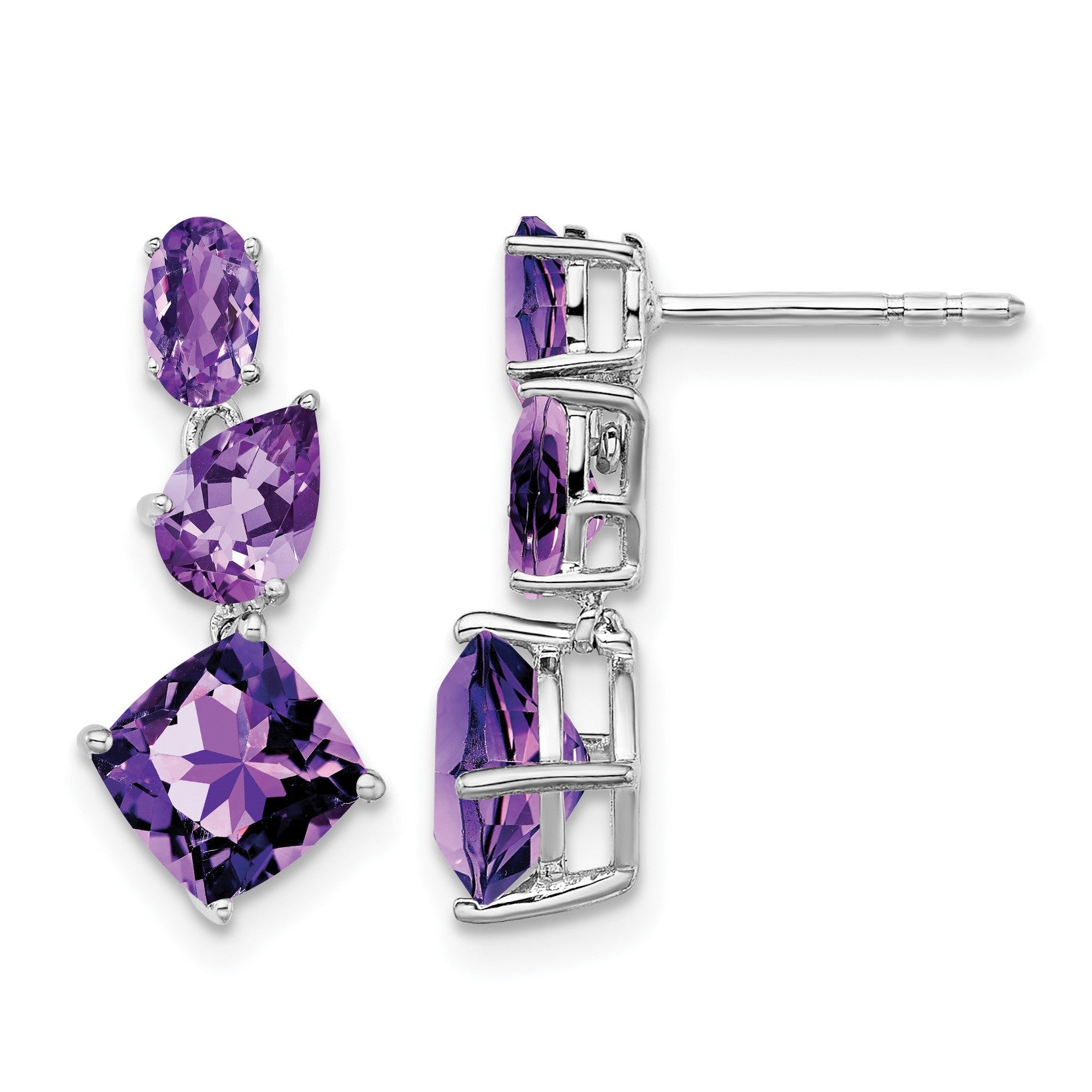 14k White Gold Oval/Pear/Cushion Amethyst Dangle Post Earrings