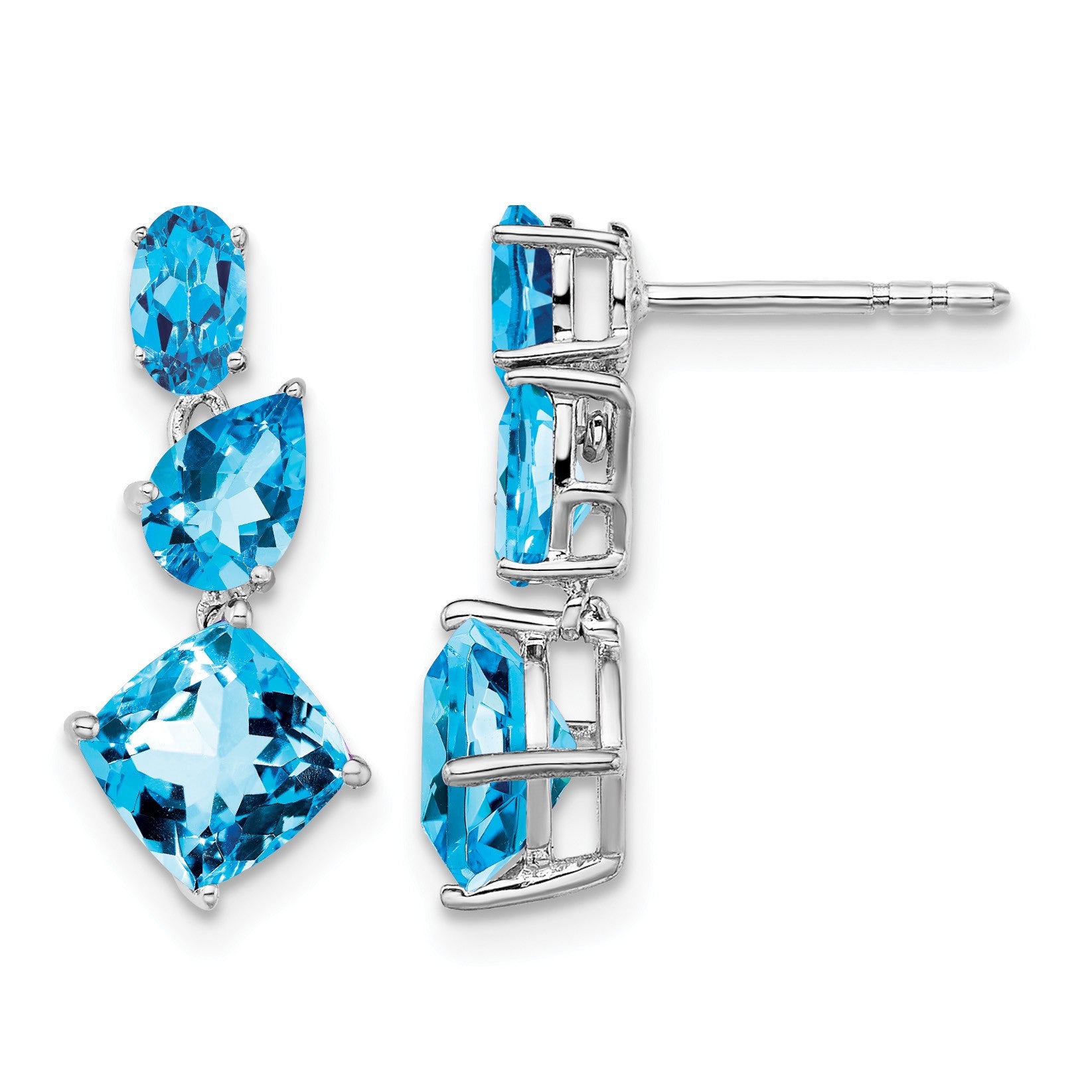 14k White Gold Oval/Pear/Cushion Blue Topaz Dangle Post Earrings