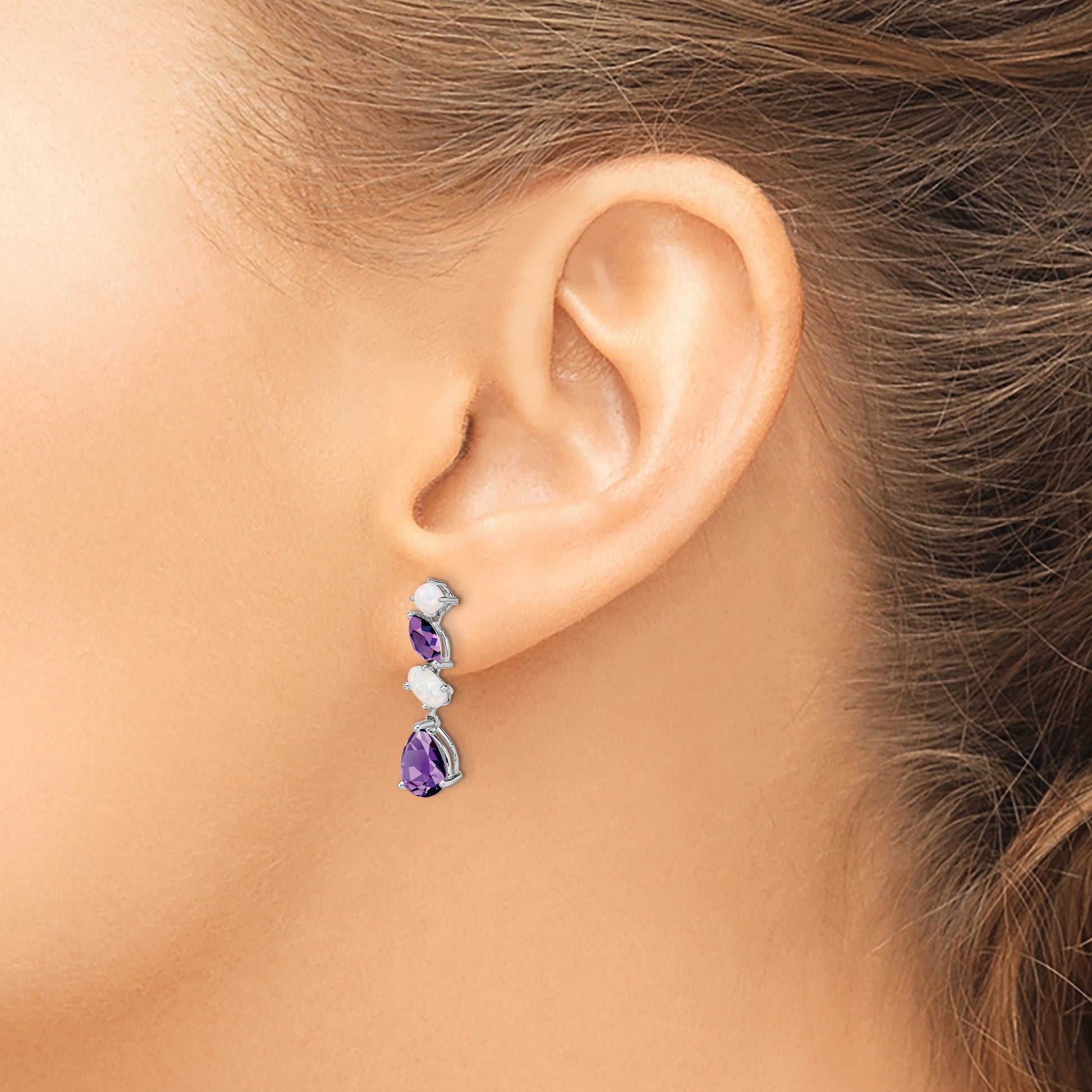 14k White Gold Amethyst and Opal Dangle Post Earrings