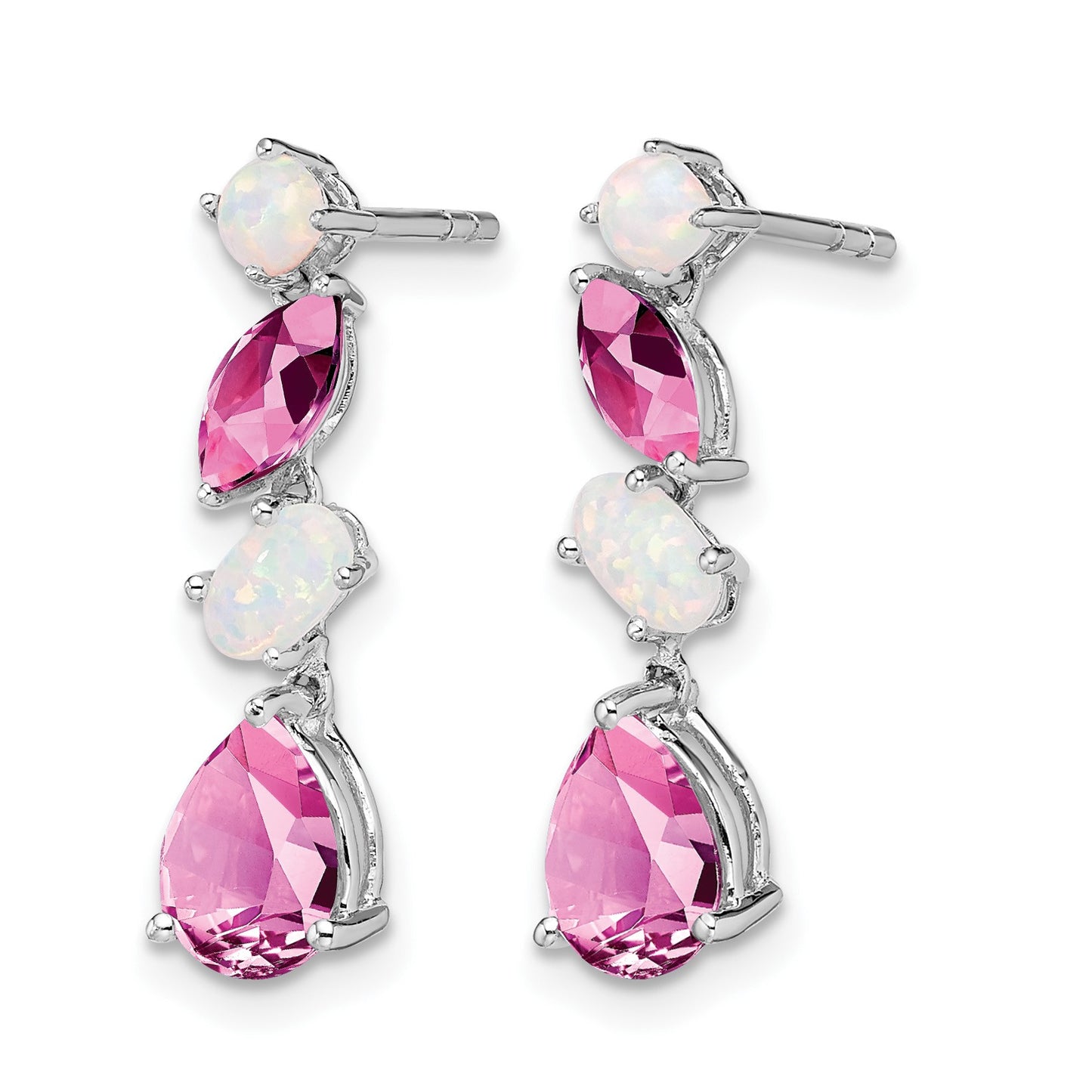 14k White Gold Lab Created Pink Sapphire and Opal Dangle Post Earrings