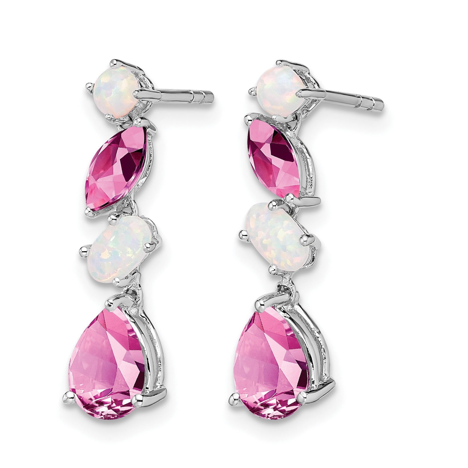 14k White Gold Lab Created Pink Sapphire and Opal Dangle Post Earrings