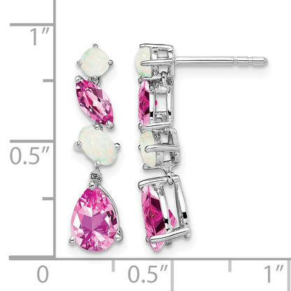 14k White Gold Lab Created Pink Sapphire and Opal Dangle Post Earrings