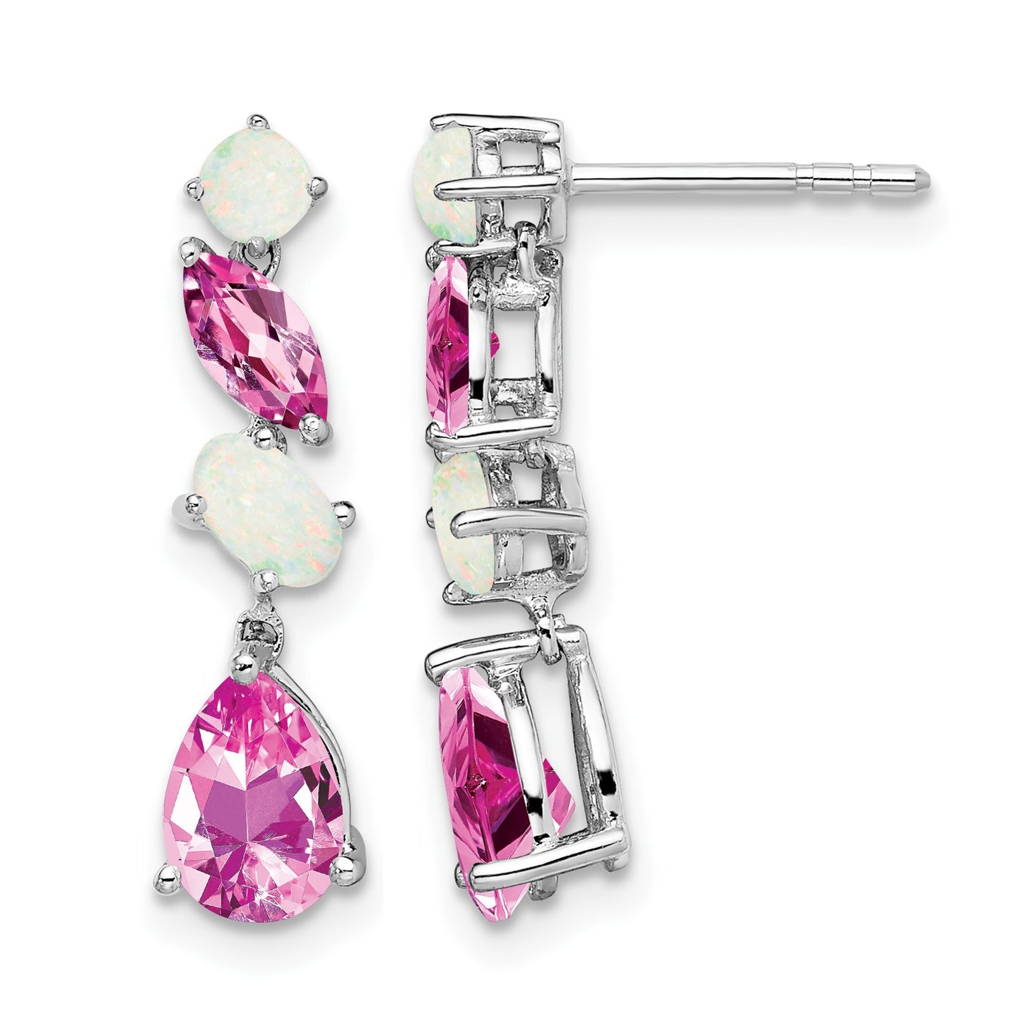 14k White Gold Lab Created Pink Sapphire and Opal Dangle Post Earrings