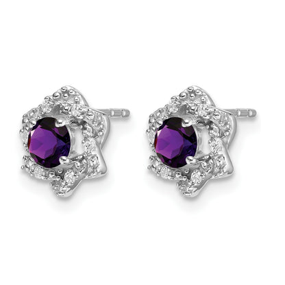 14k White Gold Round Amethyst and .06 carat Diamond Floral Post Earrings