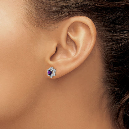 14k White Gold Round Amethyst and .06 carat Diamond Floral Post Earrings