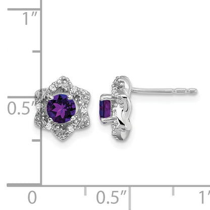 14k White Gold Round Amethyst and .06 carat Diamond Floral Post Earrings