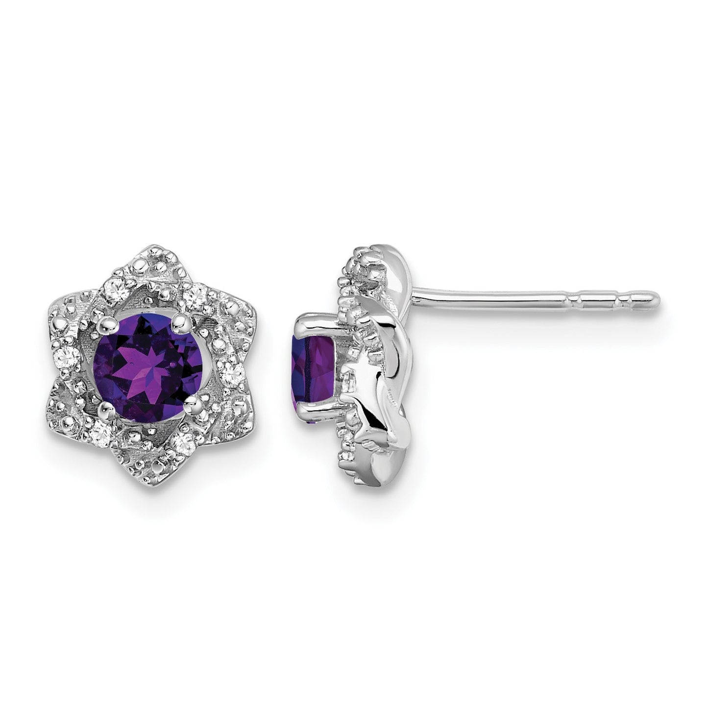14k White Gold Round Amethyst and .06 carat Diamond Floral Post Earrings