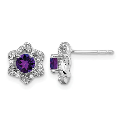 14k White Gold Round Amethyst and .06 carat Diamond Floral Post Earrings