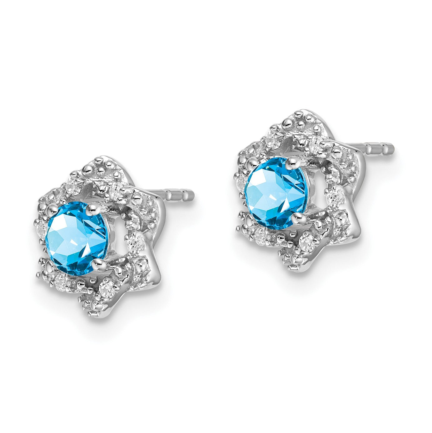 14k White Gold Round Blue Topaz and .06 carat Diamond Floral Post Earrings