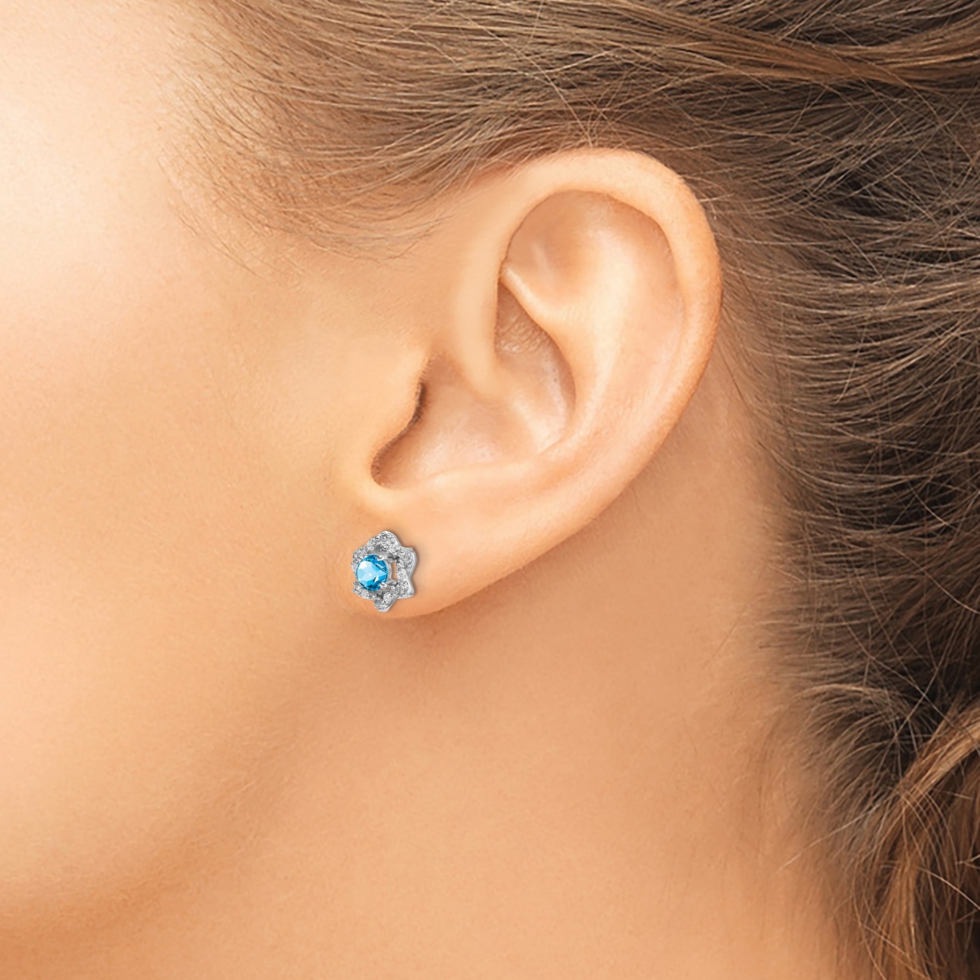 14k White Gold Round Blue Topaz and .06 carat Diamond Floral Post Earrings