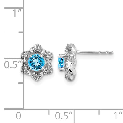 14k White Gold Round Blue Topaz and .06 carat Diamond Floral Post Earrings